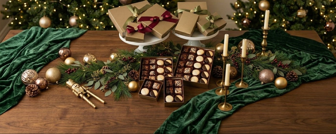 An assortment of gourmet chocolates in various boxes and packs, styled on a wooden table with a green velvet runner, pinecones, candles, and holiday decorations, with decorated Christmas trees in the background.