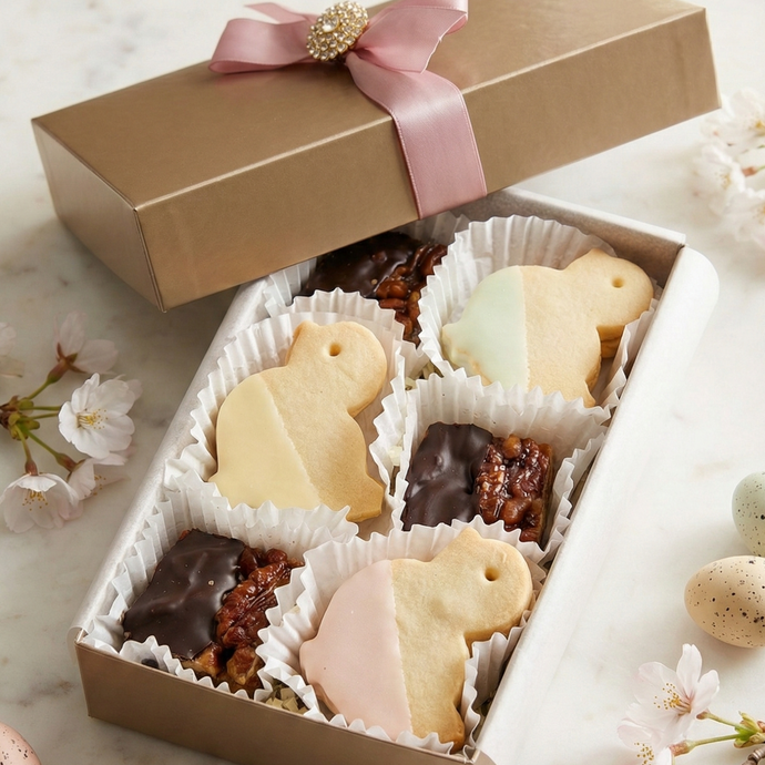 12-Piece Easter Mix - Signature Gift Box-12-piece_Easter_Mix_shortbread_cookie_chicks_and_heavenly_pecan_squares-Our Easter mix gift boxes filled with a selection of tri-colours Shortbread chick cookies and Heavenly Pecan Bars-classic mix,gift box,pecan bars,shortbread,updated 2026-toronto-gifting-churchills-fine-gourmet-gifts