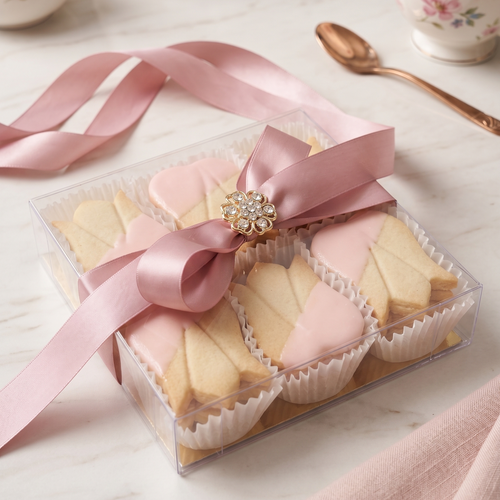 Packaged tulip shaped shortbread cookies with a pink ribbon and decorative jewel on a light surface with tea cups and a spoon.
