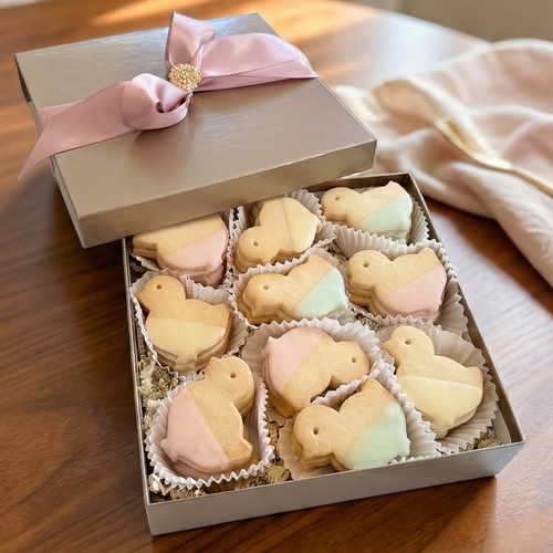 30-Piece Easter Shortbread Chicks - Signature Gift Box-30-piece_Easter_shortbread_chick_cookies-This 30-piece with tri-colour-dipped Easter's Day shortbread chicks in elegant gift wrapping-classic mix,gift box,pecan bars,seasonal,shortbread,updated 2026,valentines day-toronto-gifting-churchills-fine-gourmet-gifts
