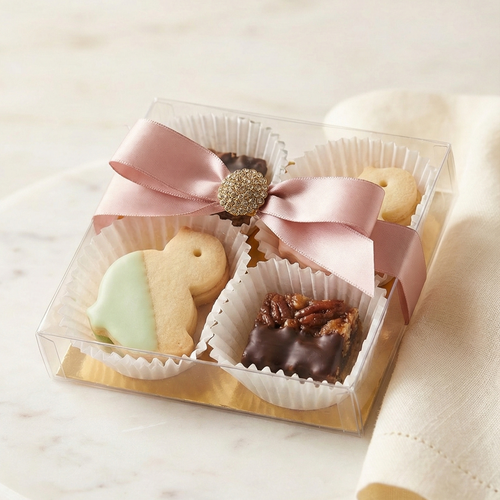 6-Piece Easter Mix - Square Cutie-6-piece_Easter_Mix_shortbread_cookie_chick_and_heavenly_pecan_squares_-_clean-For 1-2 people - This Easter special comes with 4 coloured white chocolate dipped shortbread chicks and 2 Heavenly Pecan Squares in a clear box with ribbon-classic mix,couple,gift box,pecan bars,seasonal,shortbread,small,updated 2026,valentines day-toronto-gifting-churchills-fine-gourmet-gifts