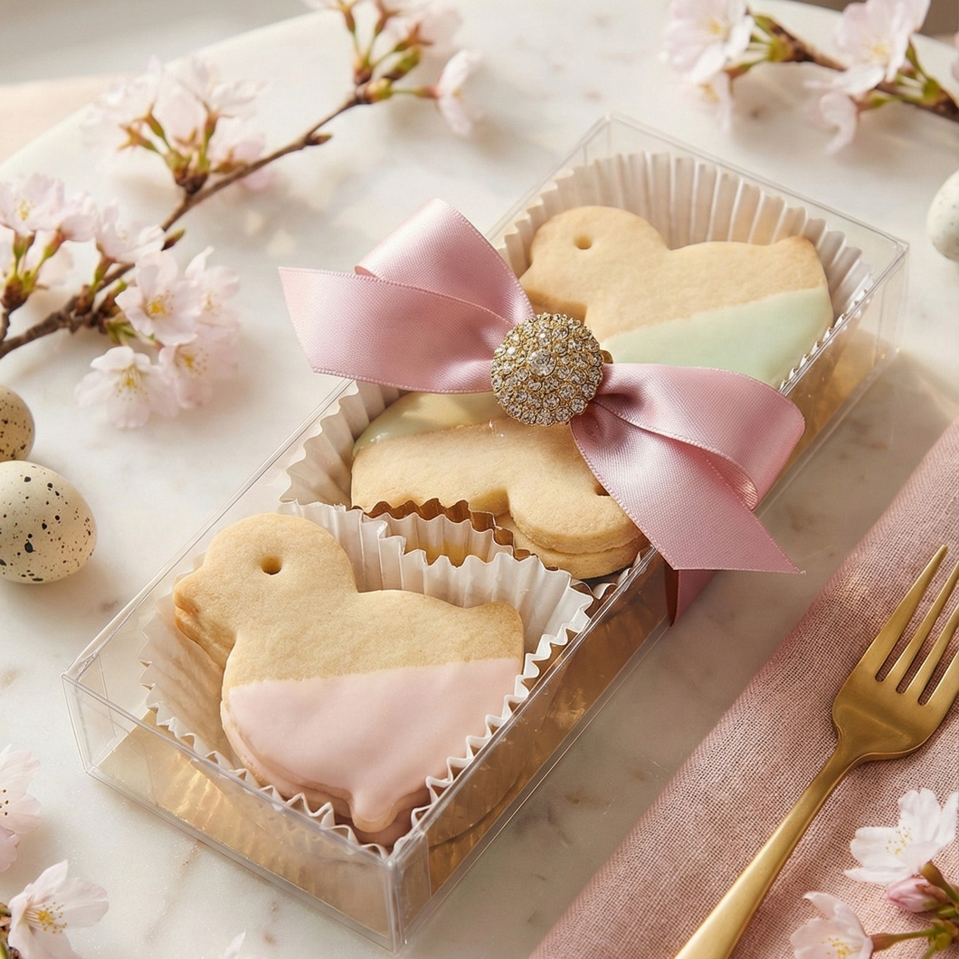 6-Piece Easter Shortbread Chicks - Cutie Rectangle-6-piece_Easter_shortbread_cookie_chicks-For 1-2 people - This Easter special comes with 6 tri-coloured shortbread in a clear box with ribbon and vintage-style brooch.-classic mix,couple,gift box,pecan bars,seasonal,shortbread,small,updated 2026,valentines day-toronto-gifting-churchills-fine-gourmet-gifts