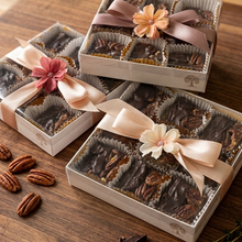 9-Piece Heavenly Pecan Square with hand tied bow and flower in box