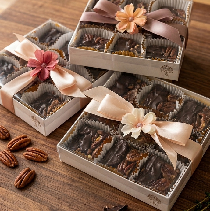 9-Piece Heavenly Pecan Square with hand tied bow and flower in box