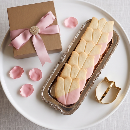 Decorative shortbread cookies with pink and gold accents on a white plate with a small gift box.