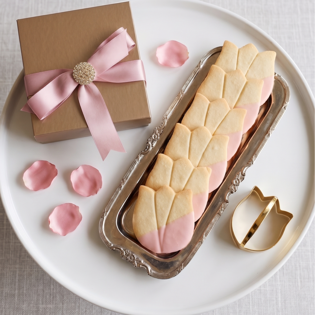 Decorative shortbread cookies with pink and gold accents on a white plate with a small gift box.