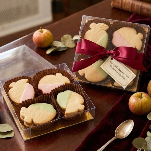 Two transparent boxes of shortbread assorted cookies with a red ribbon on a wooden table.