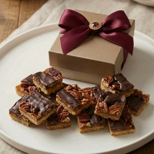 pecan squares on a white plate with gift box and burgundy bow