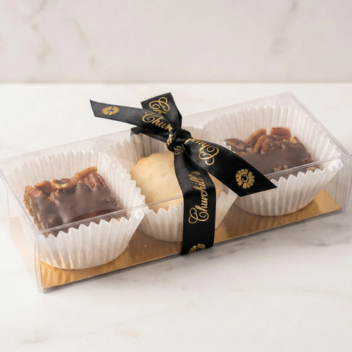 4-Piece Cutie Classic Mix-rectangle_clear_classic-For 1-2 people - clear mix boxes with ribbon and filled with Shortbread cookies and Heavenly Pecan Bars-classic mix,couple,gift box,pecan bars,shortbread,small,updated 2026-toronto-gifting-churchills-fine-gourmet-gifts