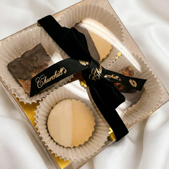 6-Piece Cutie Classic Mix-square_clear_classic_-_edit-For 1-2 people - clear mix boxes with ribbon and filled with Shortbread cookies and Heavenly Pecan Bars-classic mix,couple,gift box,pecan bars,shortbread,small,updated 2026-toronto-gifting-churchills-fine-gourmet-gifts